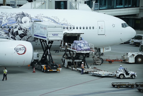 The image depicts an airplane on the tarmac at an airport with ground crew members working around it. The aircraft has elaborate black and white illustrations of animated characters on the fuselage. Cargo or luggage is being loaded into the airplane via specialized equipment, while ground personnel wearing safety gear are managing the process.