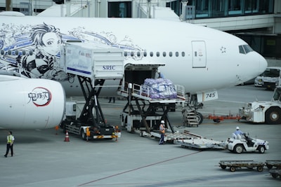 The image depicts an airplane on the tarmac at an airport with ground crew members working around it. The aircraft has elaborate black and white illustrations of animated characters on the fuselage. Cargo or luggage is being loaded into the airplane via specialized equipment, while ground personnel wearing safety gear are managing the process.