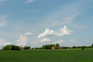 A peaceful countryside lot with lush green grass and distant trees under a bright blue sky.
