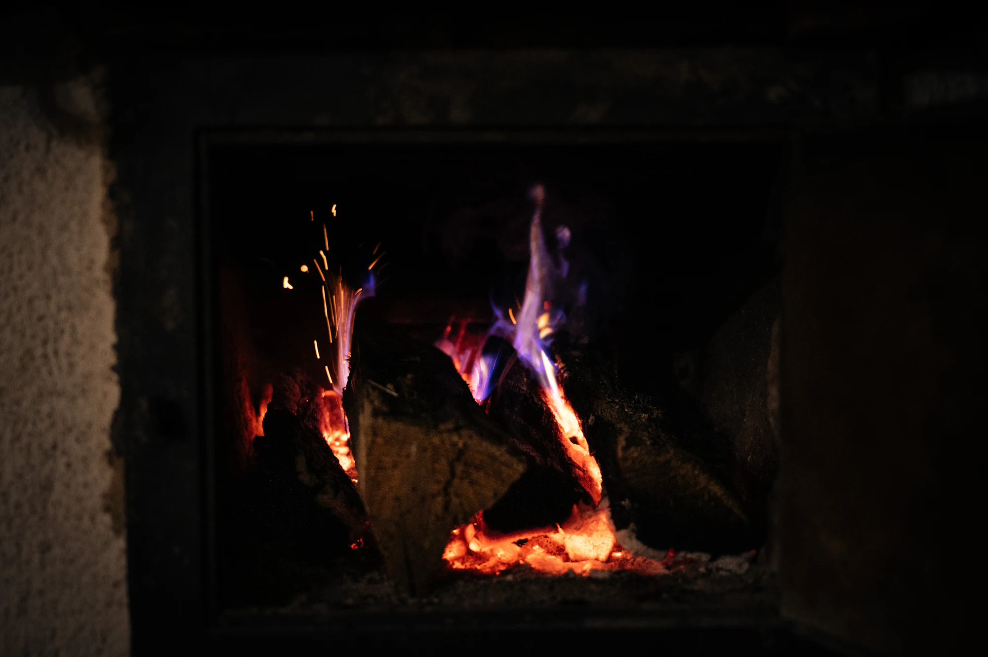 A fire burning in a fireplace