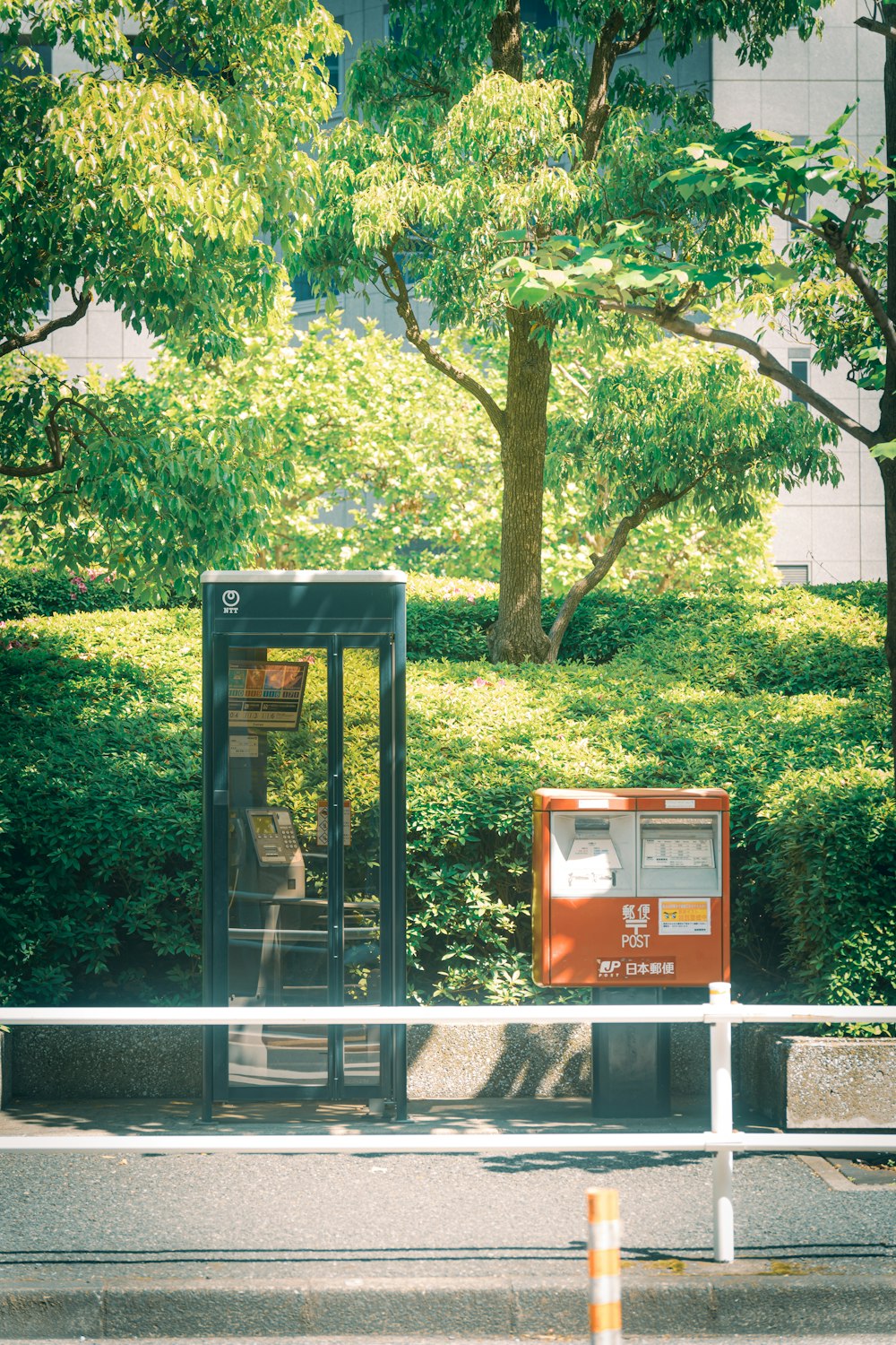 a public phone booth sitting next to a tree