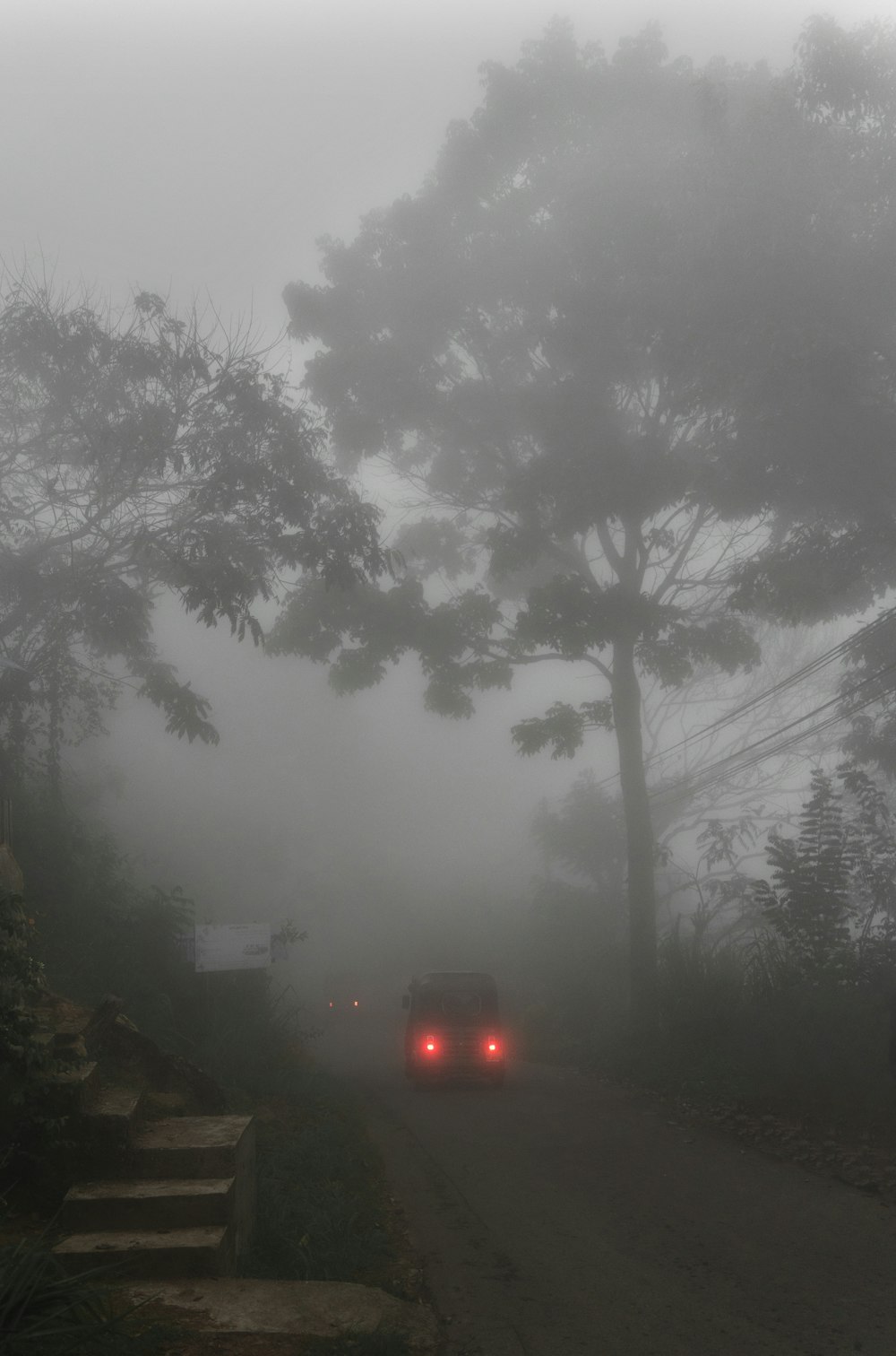 霧の中を道路を走る車