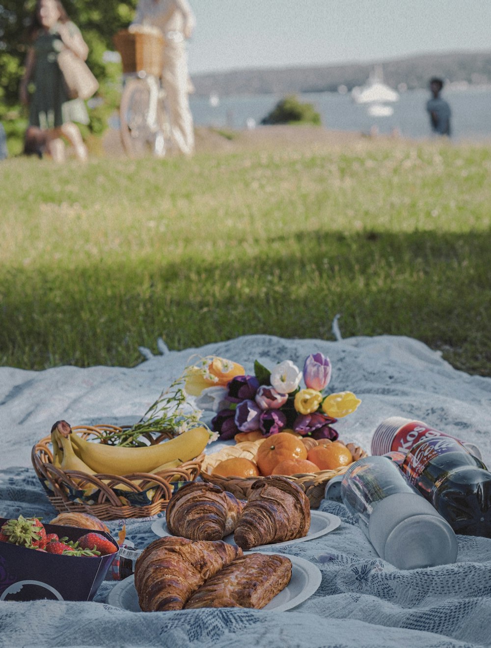 a picnic blanket with food and drinks on it