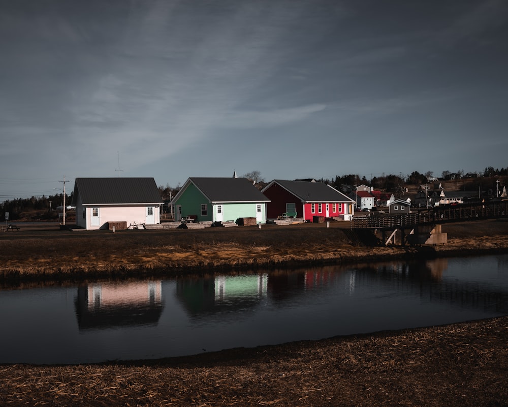 a body of water with houses in the background