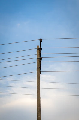 Concrete electrical poles being installed by skilled workers on site