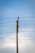 A concrete utility pole supports several electrical wires extending horizontally against a clear blue sky. The wires are evenly spaced and attached using insulators on the pole.