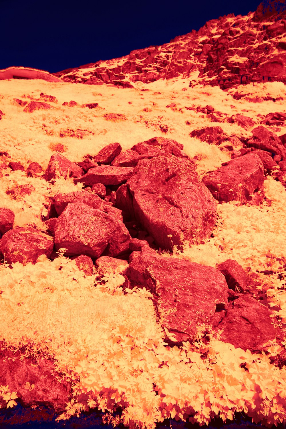 a red and yellow photo of rocks and dirt