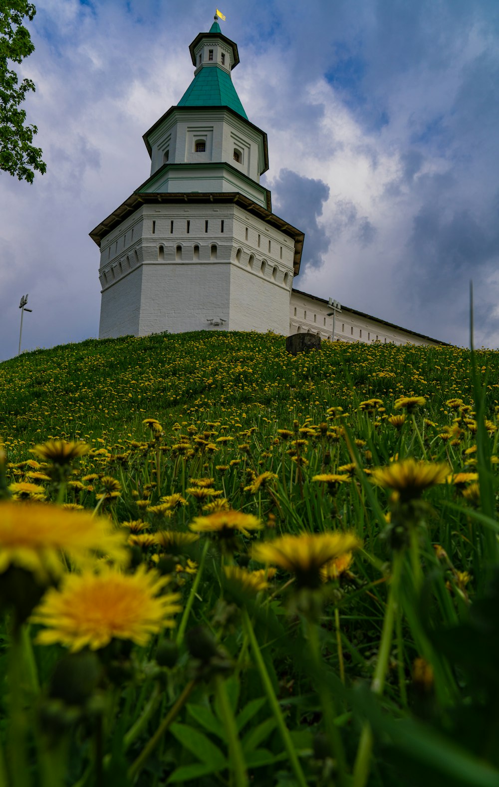 a white building with a green roof on a hill