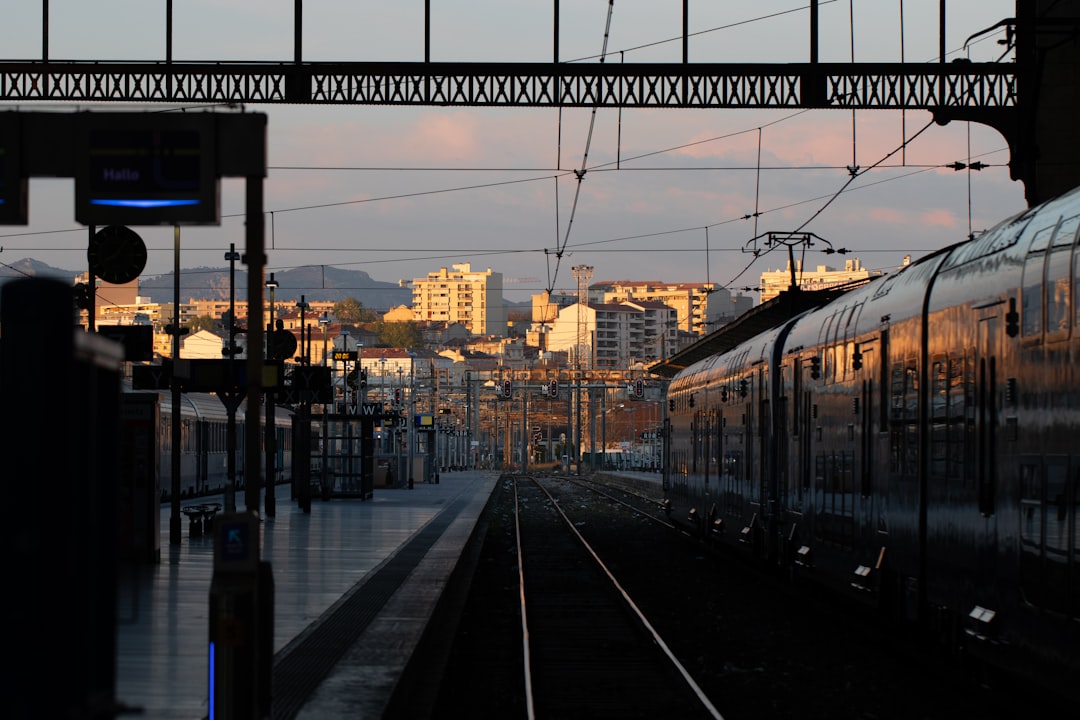a train traveling down train tracks next to a city,