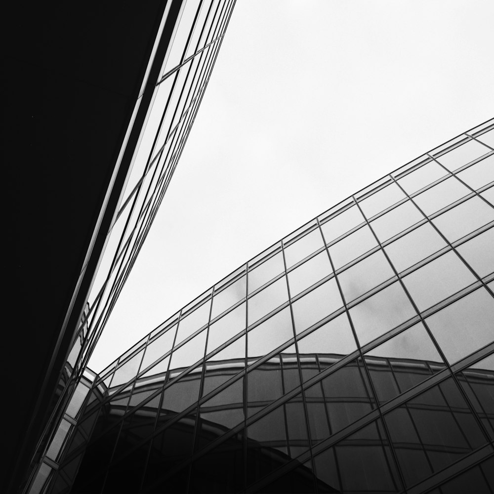 a black and white photo of a glass building