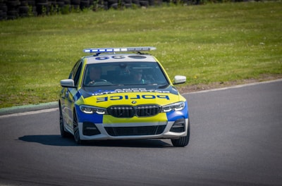 A police car is seen driving on a road surrounded by green grass. The vehicle is marked with bright yellow and blue checker patterns, equipped with lights on top, and appears to be in motion.