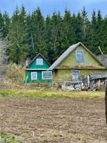 Two rustic wooden houses, one painted green with red trim and the other a faded yellow, stand amidst tall evergreen trees. The foreground shows a rough patch of open, tilled land with scattered grass. Various pieces of old farm equipment and debris are scattered outside the yellow house.