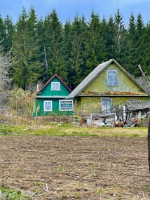 Two rustic wooden houses, one painted green with red trim and the other a faded yellow, stand amidst tall evergreen trees. The foreground shows a rough patch of open, tilled land with scattered grass. Various pieces of old farm equipment and debris are scattered outside the yellow house.