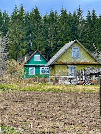Two rustic wooden houses, one painted green with red trim and the other a faded yellow, stand amidst tall evergreen trees. The foreground shows a rough patch of open, tilled land with scattered grass. Various pieces of old farm equipment and debris are scattered outside the yellow house.