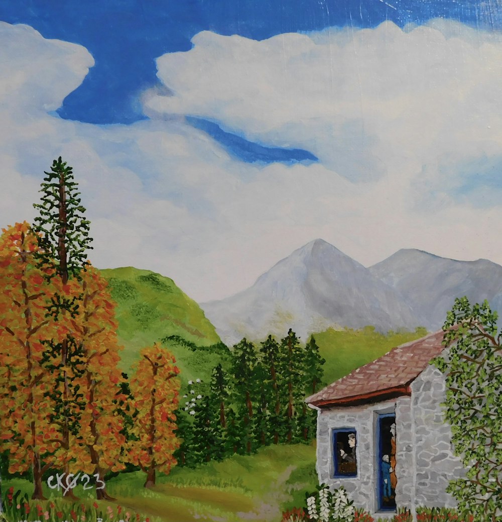 a painting of a cabin in the mountains
