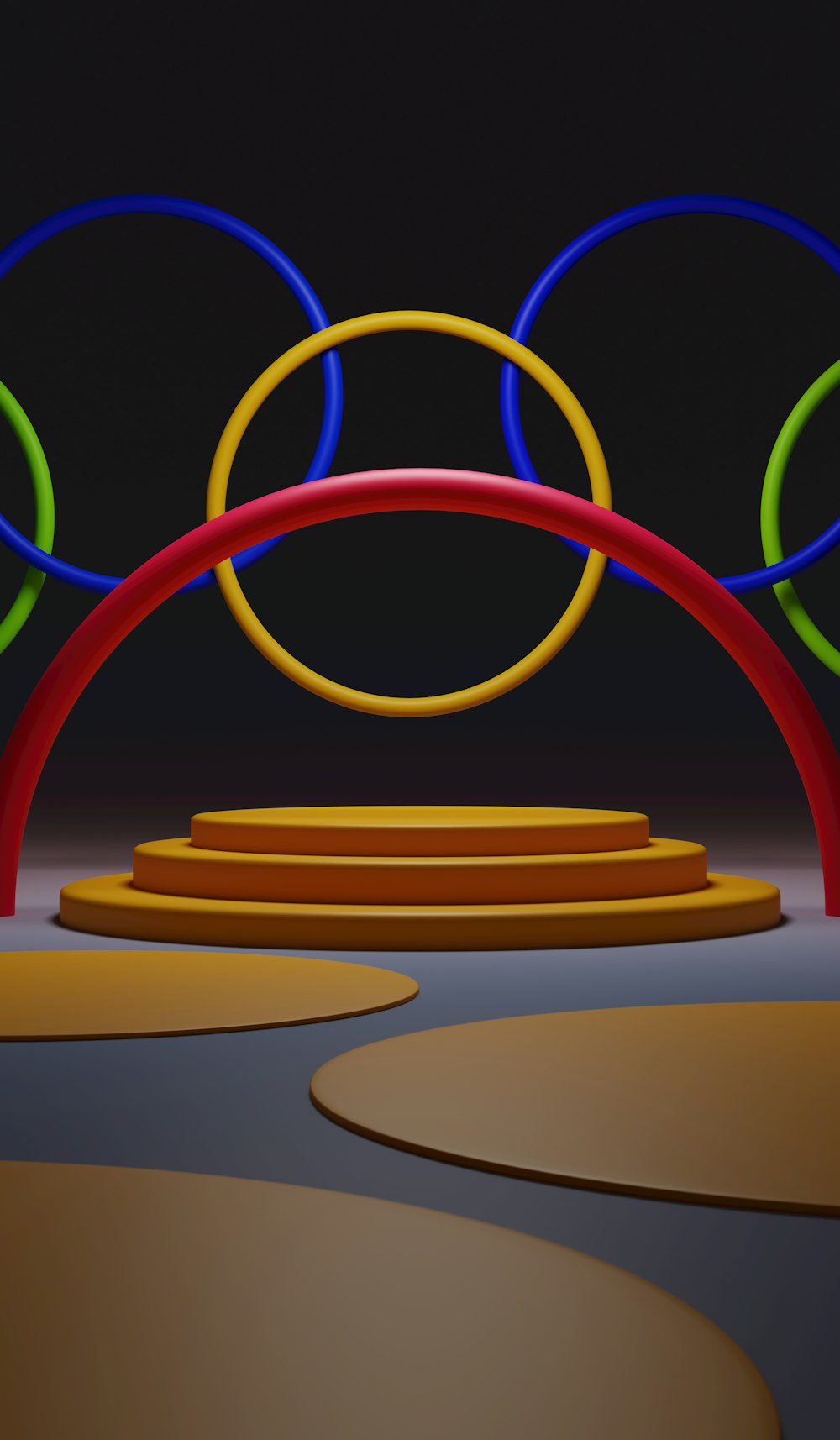 an artistic scene with a stage and colorful circles
