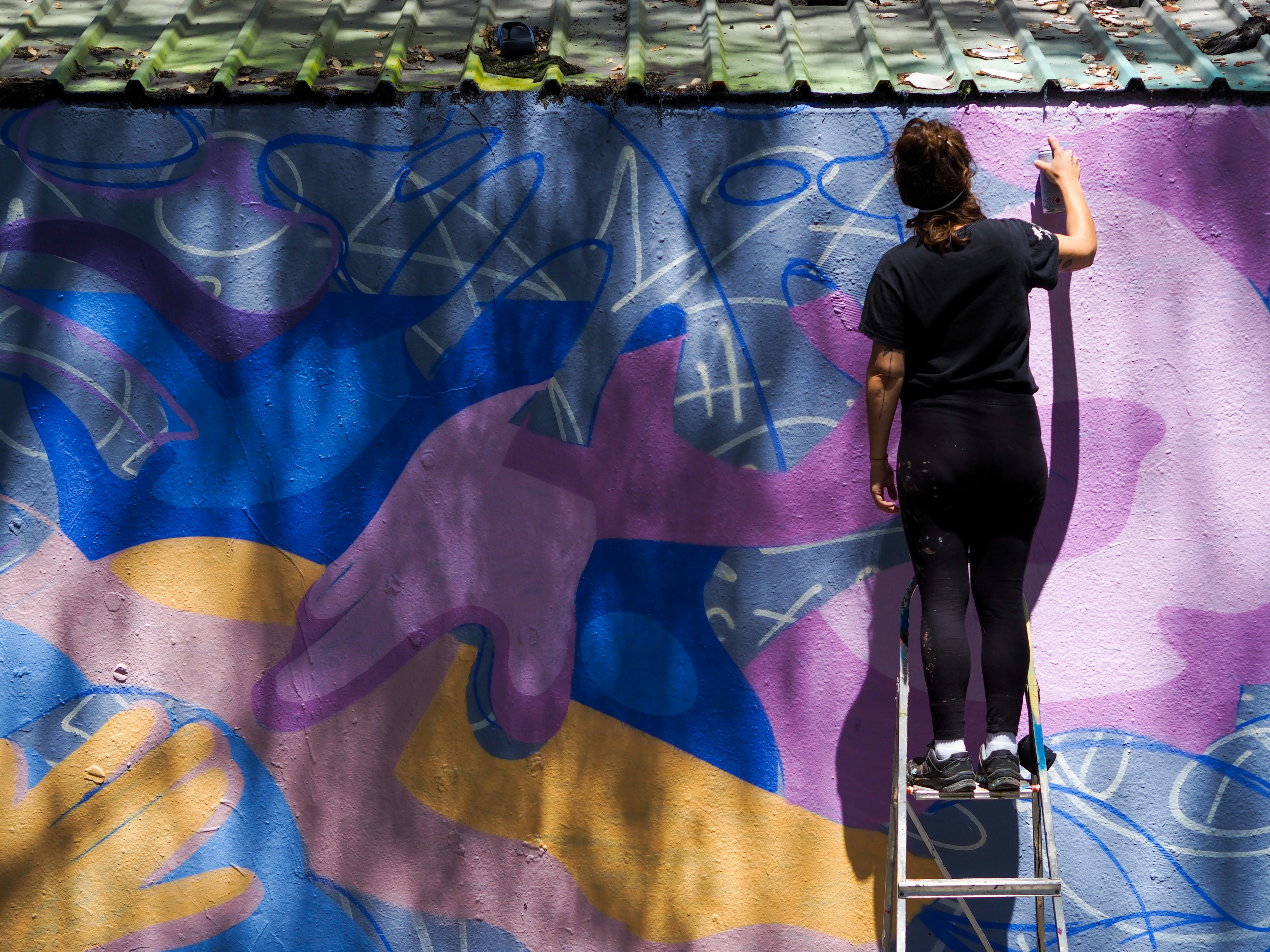 a person on a ladder painting a wall
