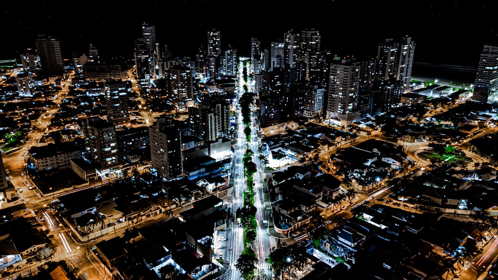 an aerial view of a city at night