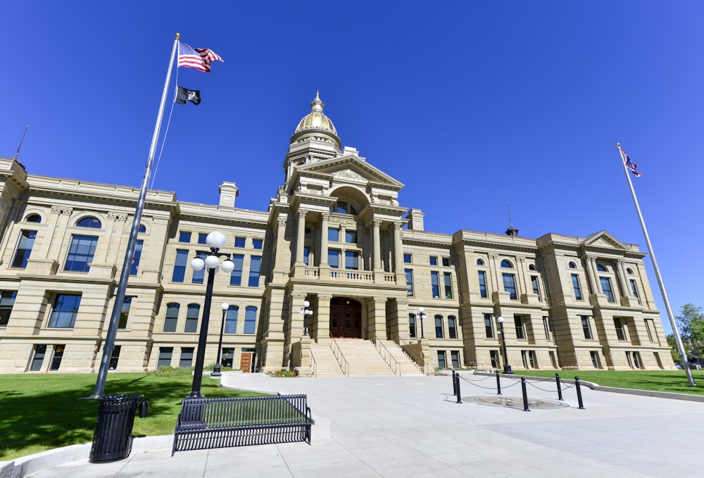 a large building with a flag on top of it