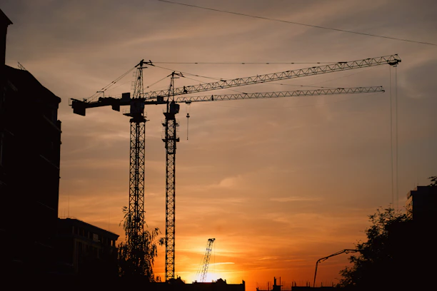 a crane is silhouetted against the setting sun