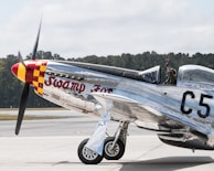 An aircraft with shiny metallic body is stationed on an airstrip. The words 'Swamp Fox' are prominently written on the side near the nose. The propeller is visible and painted with red and yellow checker pattern. There is a person in the cockpit raising a hand in a glove. Trees and a cloudy sky are in the background.