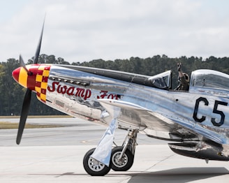 An aircraft with shiny metallic body is stationed on an airstrip. The words 'Swamp Fox' are prominently written on the side near the nose. The propeller is visible and painted with red and yellow checker pattern. There is a person in the cockpit raising a hand in a glove. Trees and a cloudy sky are in the background.