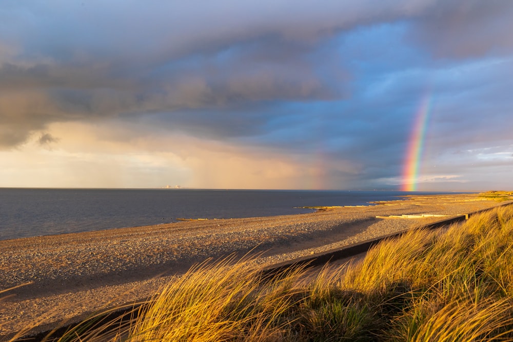 a rainbow shines in the sky over a beach