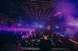 DJ spinning tracks under vibrant purple and blue stage lights with a cheering crowd.