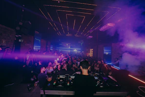 DJ spinning tracks under vibrant purple and blue stage lights with a cheering crowd.