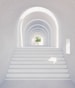 a set of white stairs leading up to a green plant