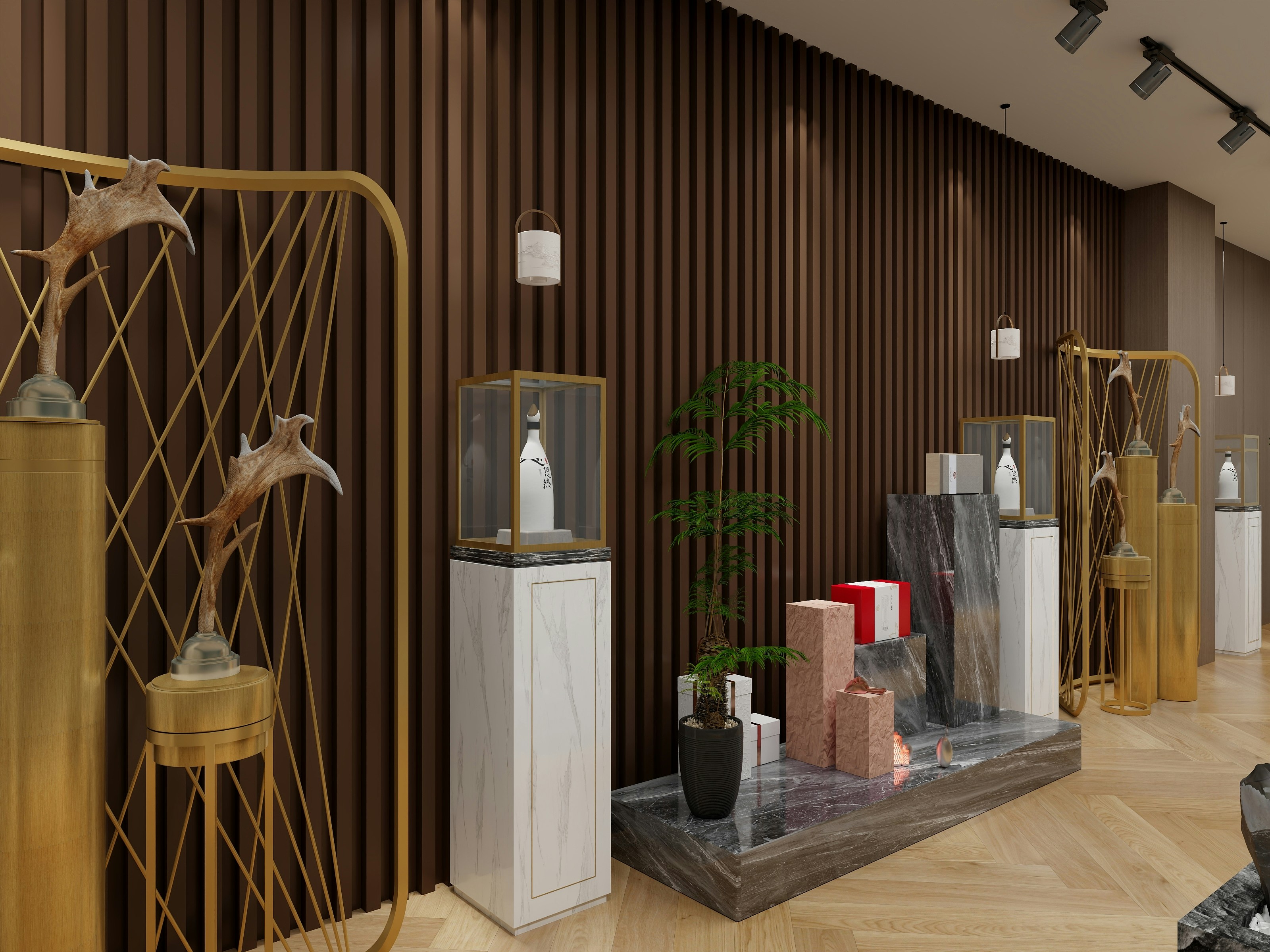 A stylish and modern interior with a deep brown, slatted wooden wall. Several decorative elements, such as golden structures with animal antler decorations, are placed in the foreground. White pedestals topped with glass cases hold uniquely designed bottles. A small potted plant adds greenery, and there are geometric stone sculptures in varied colors. The subtle lighting creates a warm and inviting atmosphere.