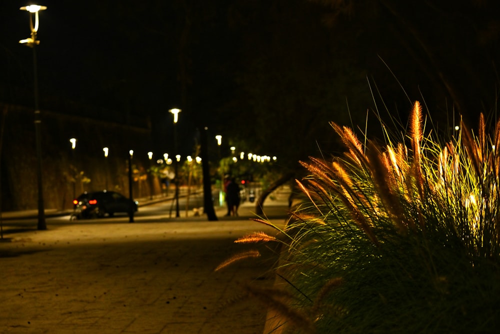 a car parked on a street at night