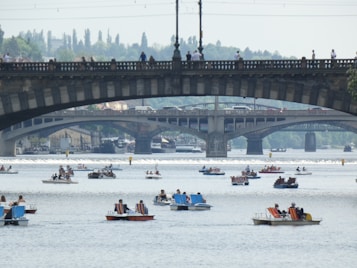 A bustling river scene with numerous paddle boats carrying people enjoying a leisurely outing on the water. Two large bridges span across the river in the background, and greenery is visible along the riverbanks. The sky is overcast, lending the scene a calm and relaxed atmosphere.