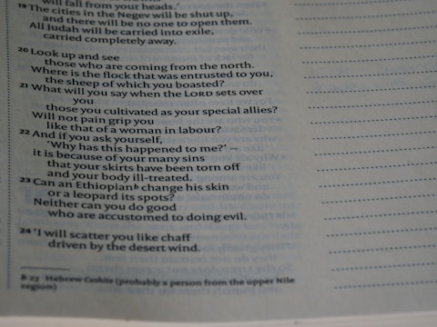 Close-up of a highlighted Bible text with notes and references.