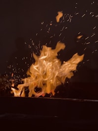 An instructor passionately teaching a virtual class with a striking flame background symbolizing divine inspiration.