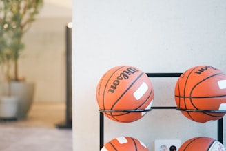 Close-up of professional sports equipment arranged neatly indoors.