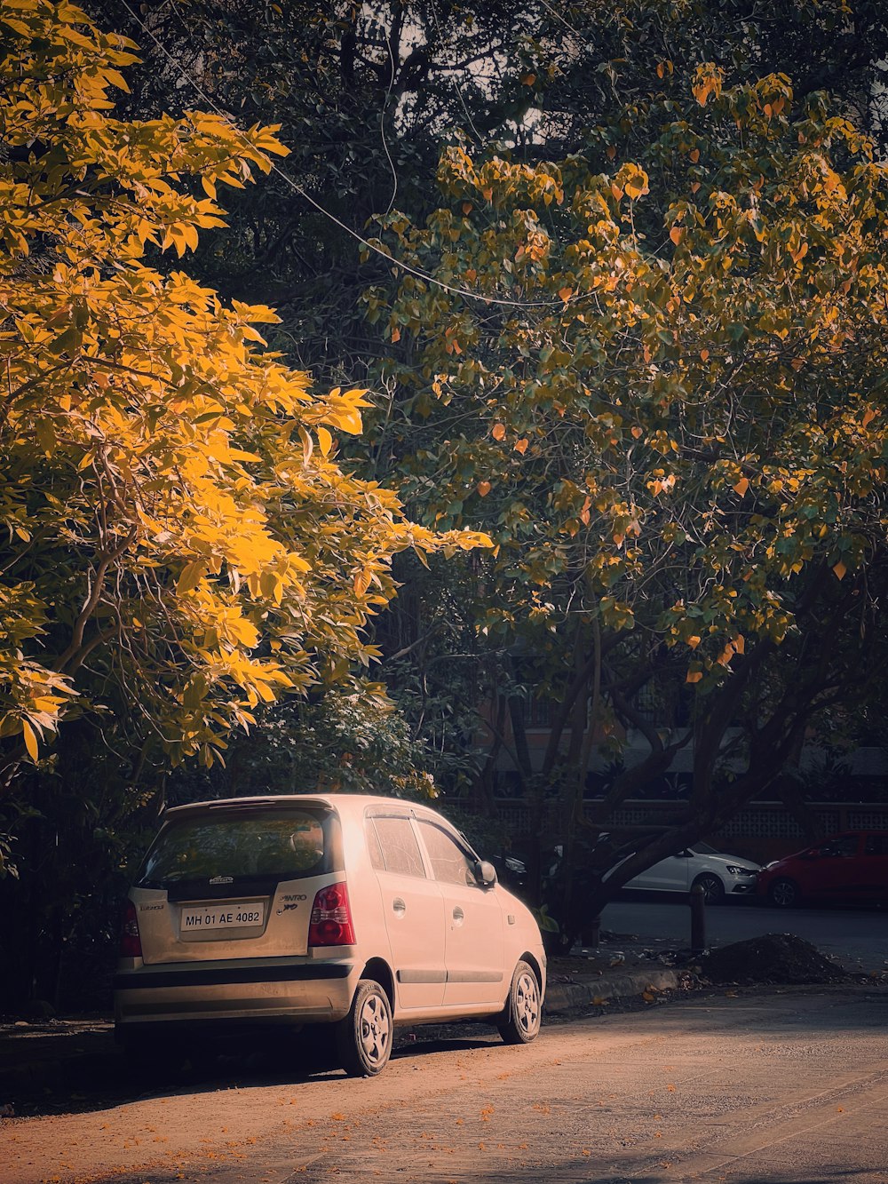 a white car parked on the side of a road