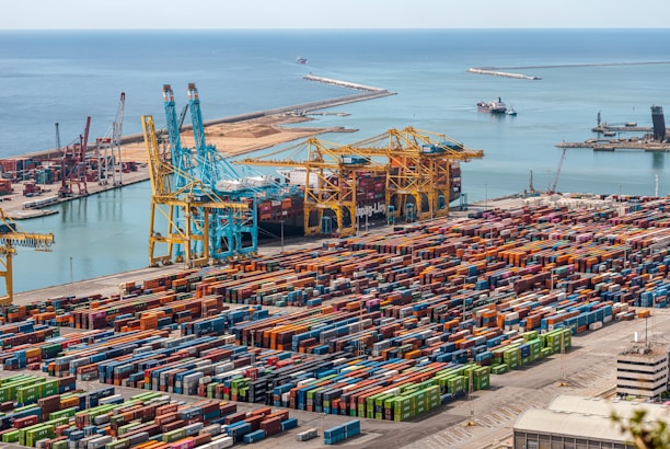 Numerous colorful shipping containers neatly arranged in a large port area near the ocean. Several large cranes are present, indicating an active shipping or logistics hub. The vast expanse of the sea in the background highlights the scale of the port.