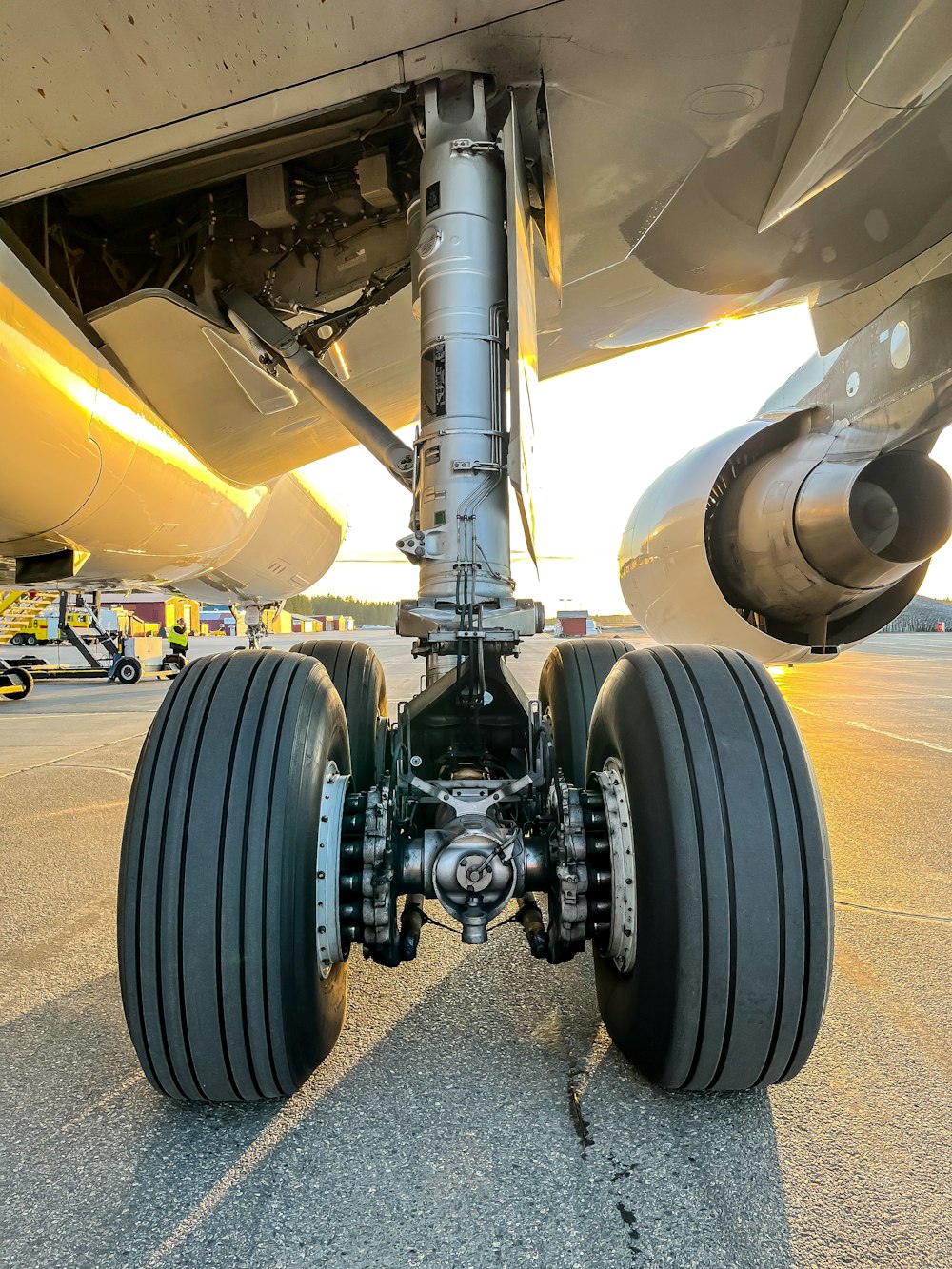 a close up of the front wheels of an airplane