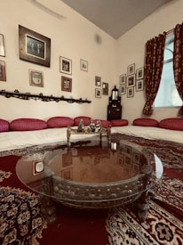 A cozy living room with stylish Ramadan decor, soft cushions, and elegant table settings.