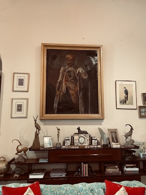 An elegant living room showcasing custom pet portraits.