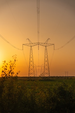 Tall metal transmission towers stretch into the distance, carrying electrical lines across a flat landscape. The scene is set against a warm, golden sunset sky with a soft gradient from orange to yellow. The foreground features dense foliage and green fields, adding a natural contrast to the industrial structures.