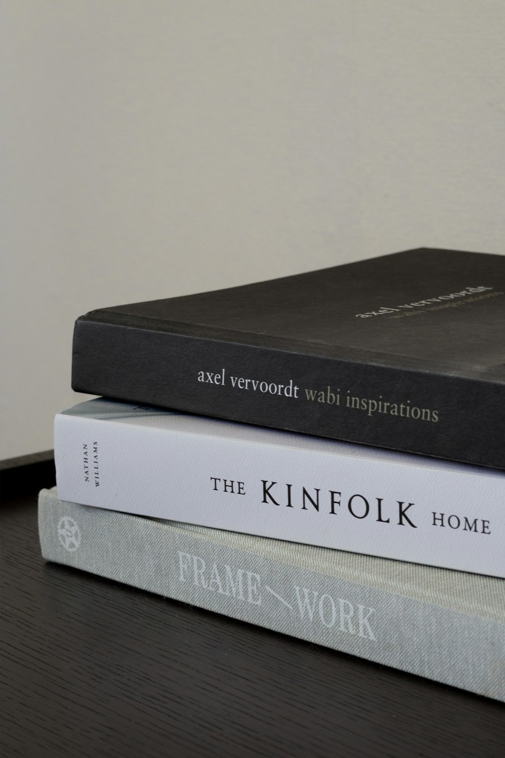 a stack of three books sitting on top of a wooden table