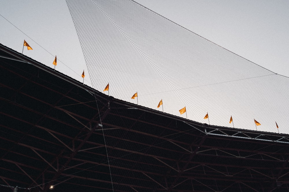 a view of the top of a building from below