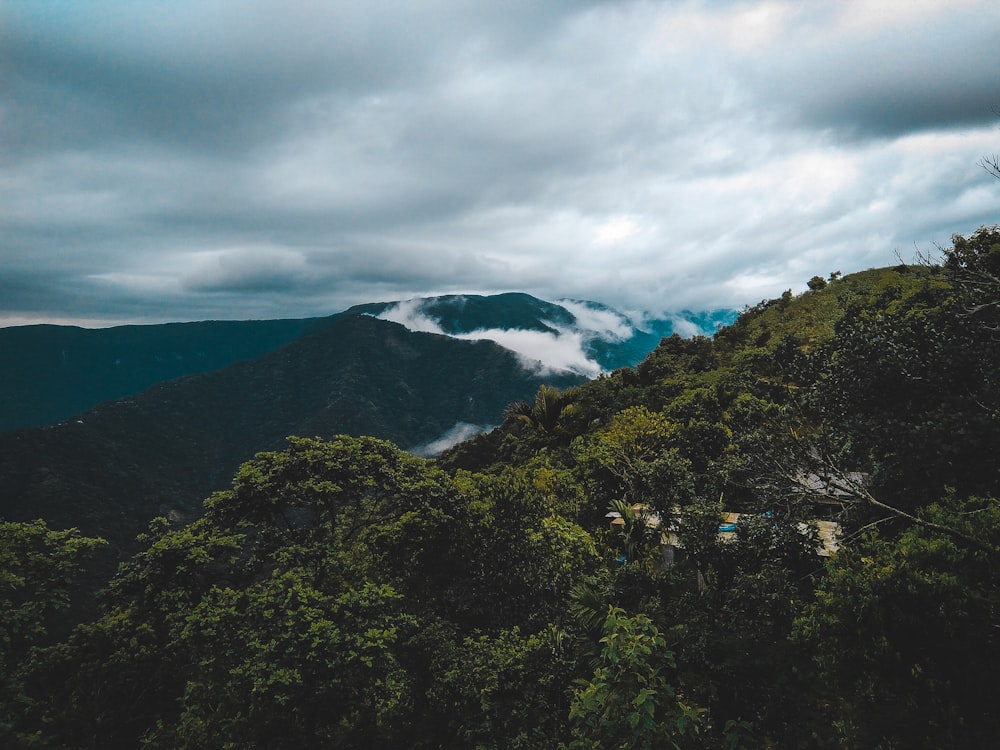 a view of the mountains and clouds from the top of a hill