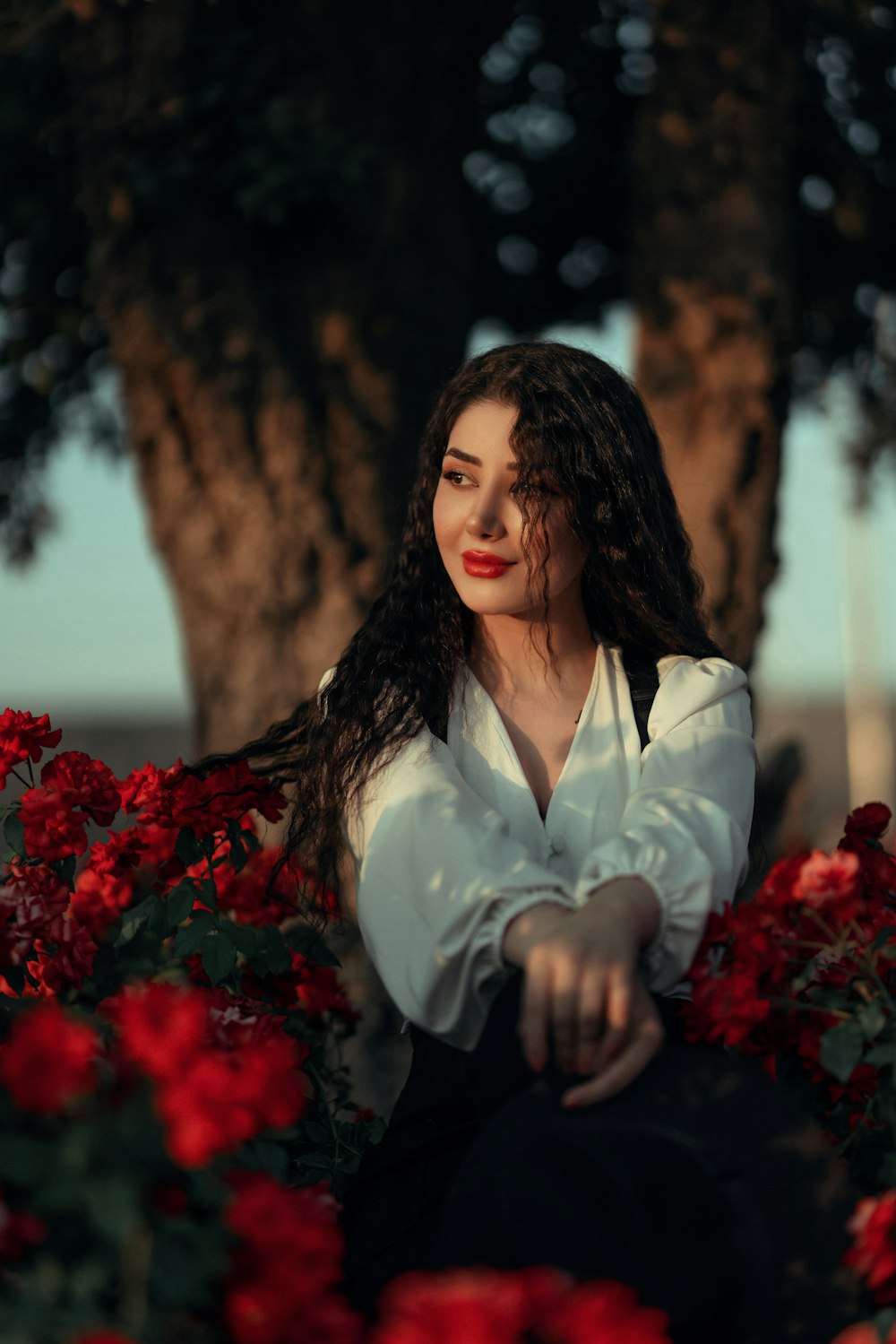 a woman sitting in a field of red flowers