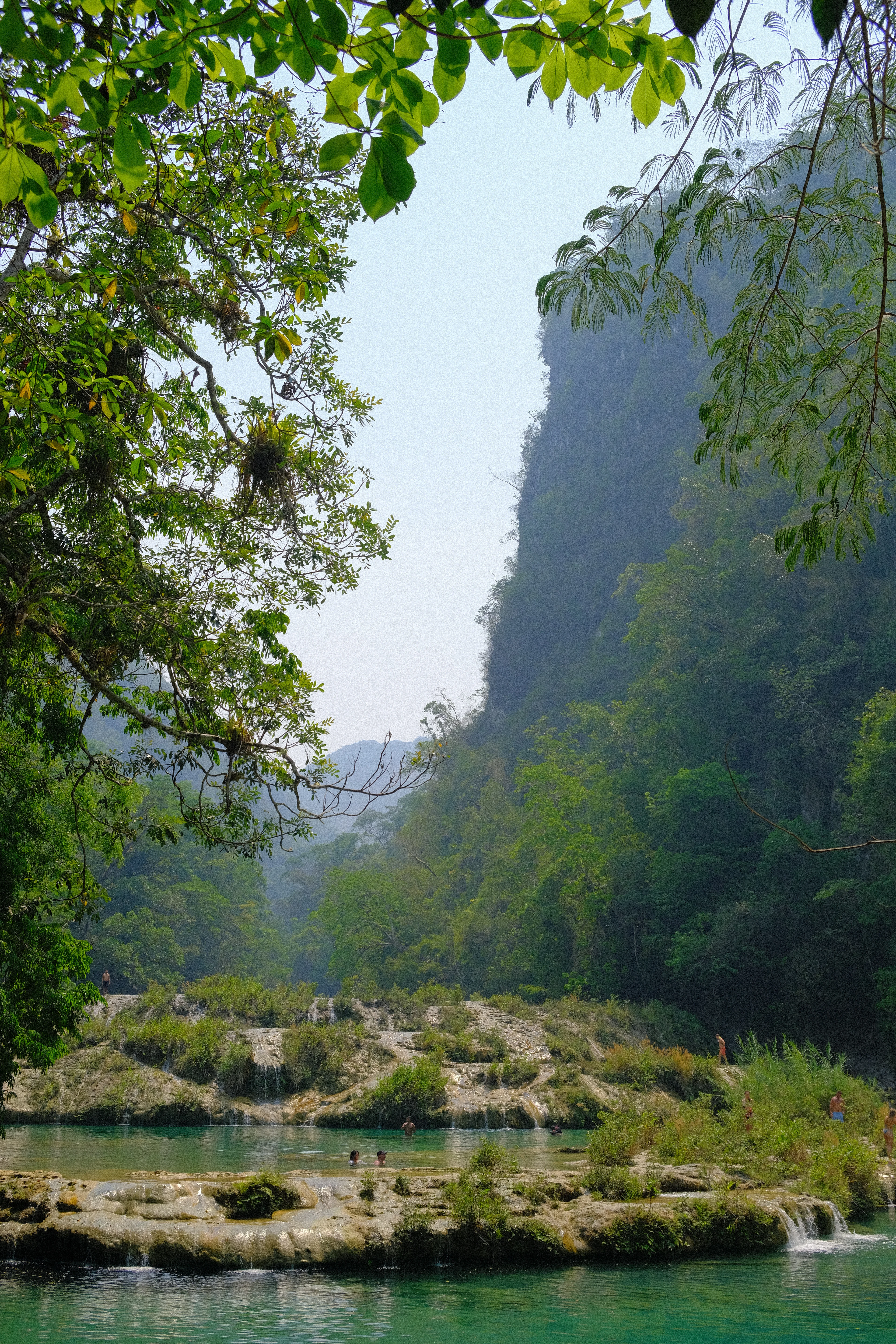 Žalsvas Kachabono upės vanduo ir kalkakmenio seklumos Semuc Champey tarp stačių miškingų šlaitų