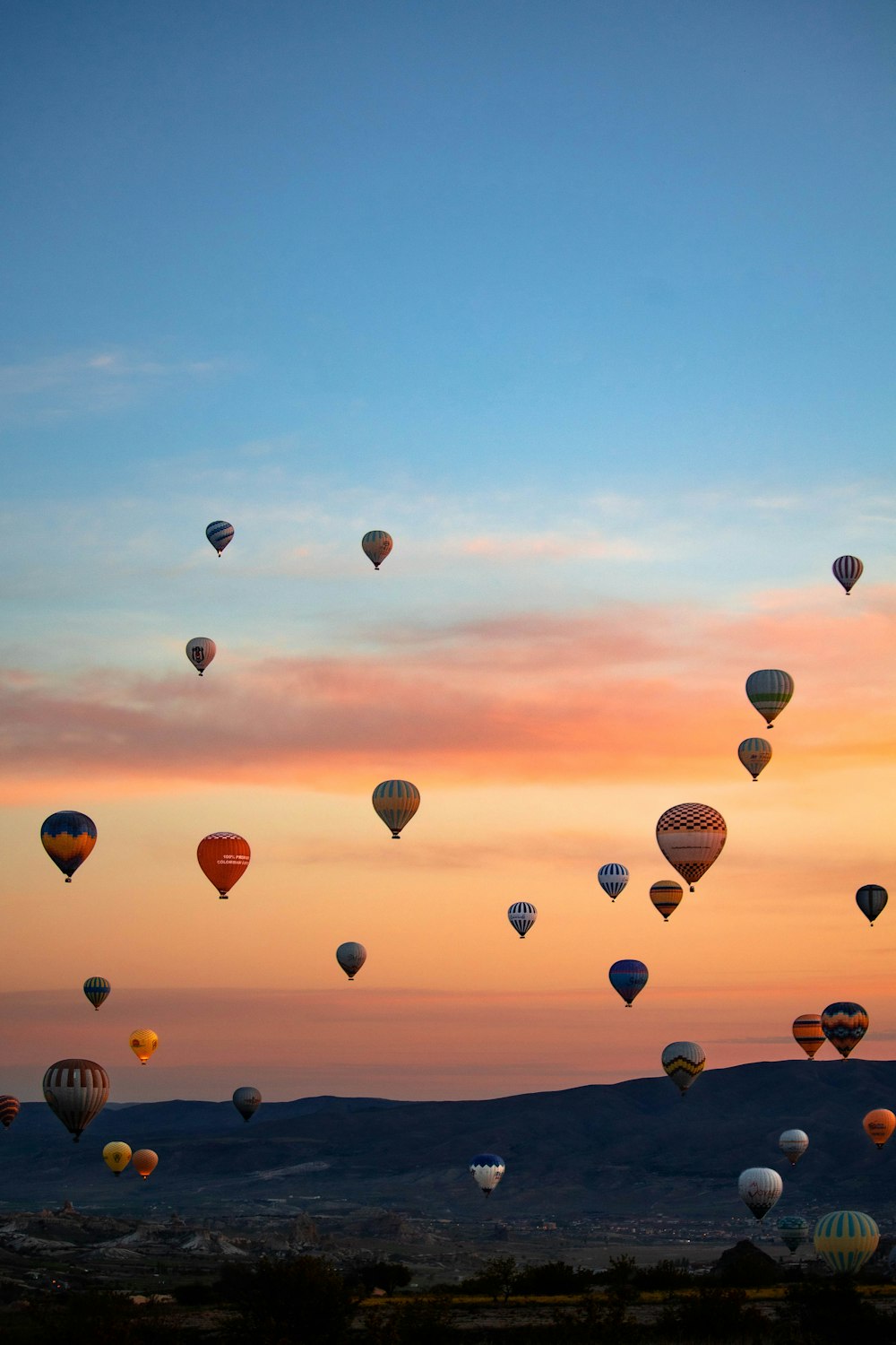 Un gruppo di mongolfiere che volano nel cielo