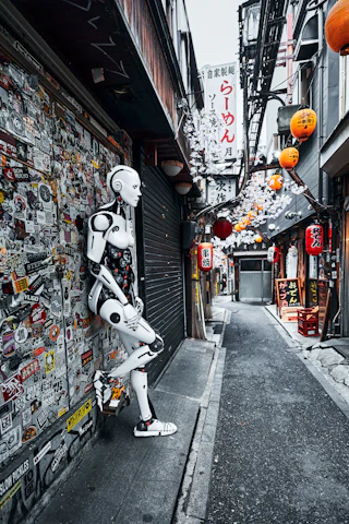 A white humanoid robot leans against an alley wall densely covered in colorful stickers under glowing red paper lanterns