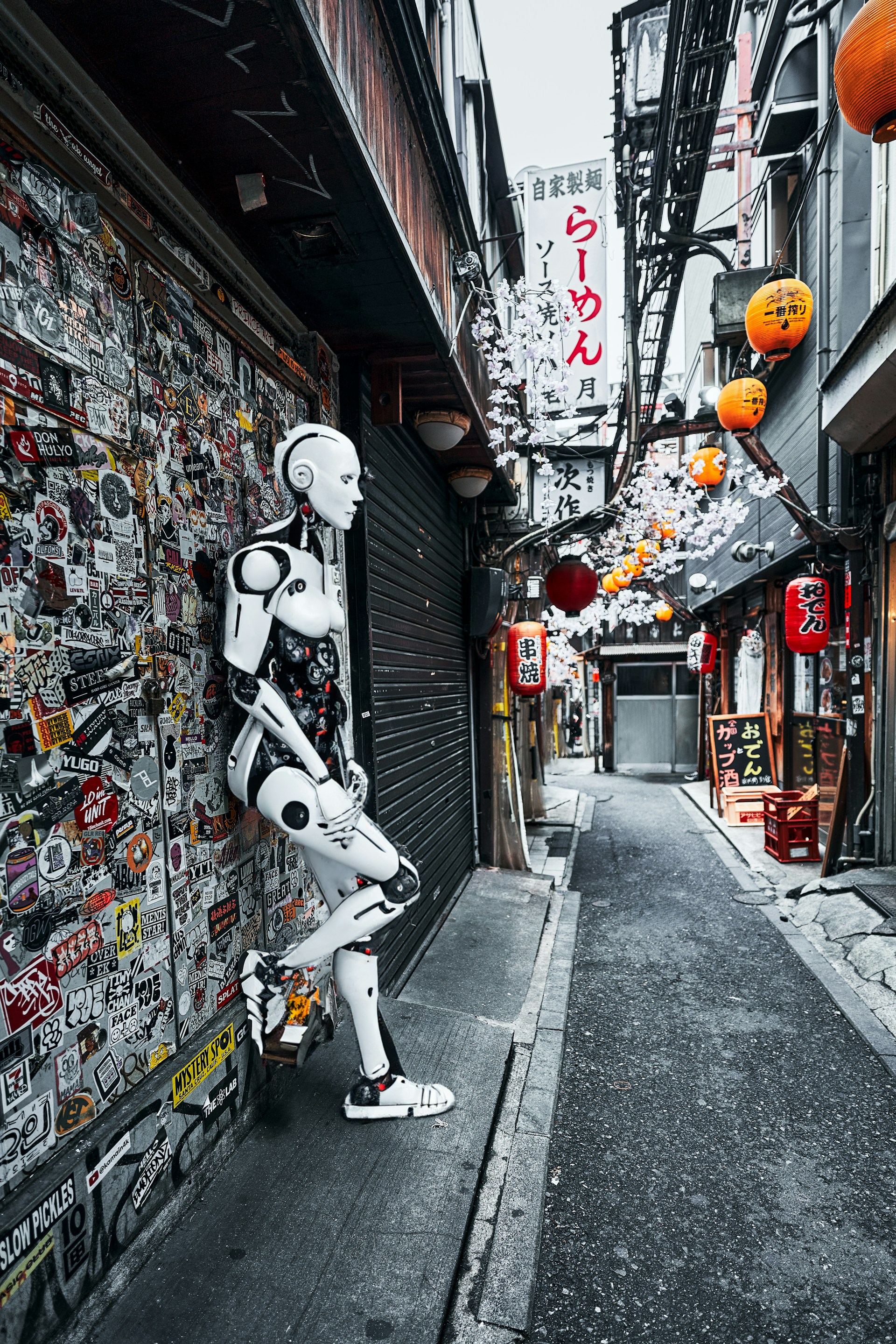 a robot standing next to a wall covered in stickers